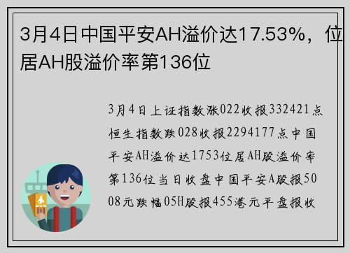 3月4日中国平安AH溢价达17.53%，位居AH股溢价率第136位
