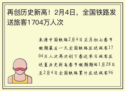 再创历史新高！2月4日，全国铁路发送旅客1704万人次