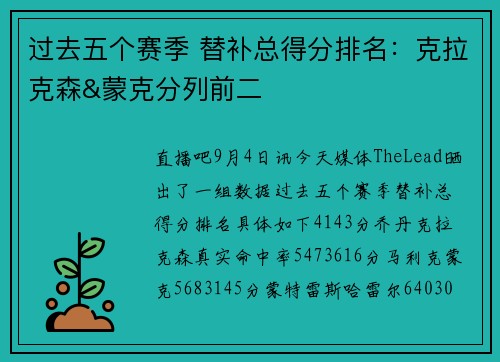 过去五个赛季 替补总得分排名：克拉克森&蒙克分列前二