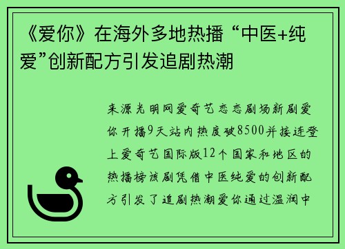 《爱你》在海外多地热播 “中医+纯爱”创新配方引发追剧热潮