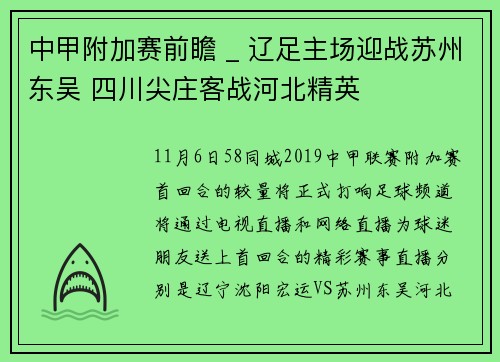 中甲附加赛前瞻 _ 辽足主场迎战苏州东吴 四川尖庄客战河北精英