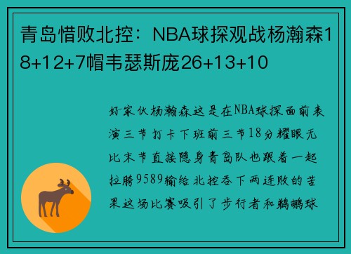 青岛惜败北控：NBA球探观战杨瀚森18+12+7帽韦瑟斯庞26+13+10
